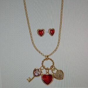 * CLEARANCE * Monet Gold and Red Heart Charm Necklace and Earring Set